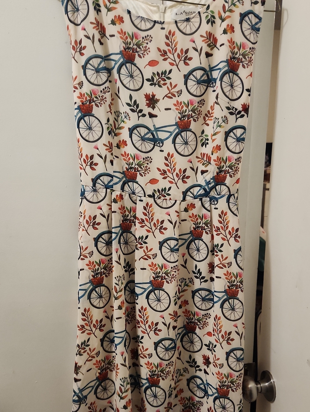 LaSoul Cream Bicycle Print A-Line Skirt with Blue & Rust Accents